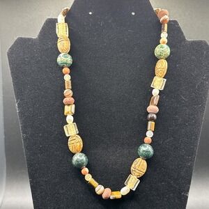 Vintage Scarab Stone Necklace - 18 Inch Magnetic Silver Closure Egyptian Jewelry